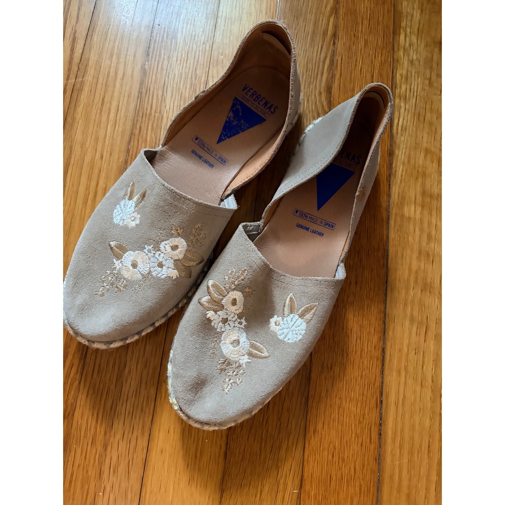 Verbenas Spain Suede Floral Embroidered Espadrille Flats Taupe Womens 41